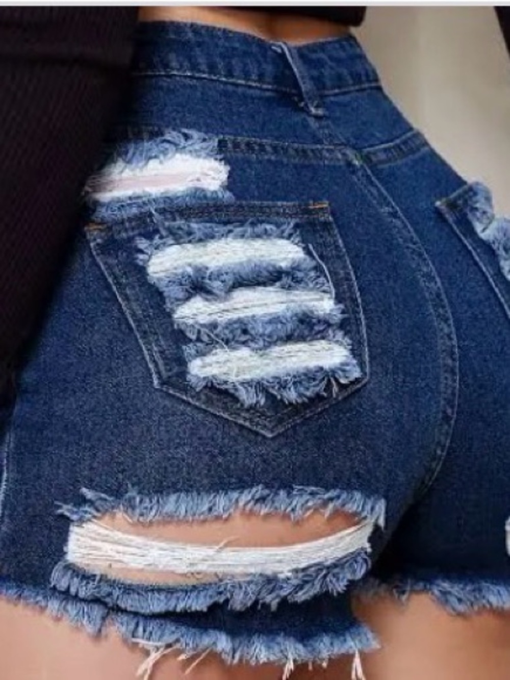 High-Waist Distressed Denim Shorts - Dark Blue